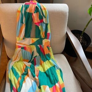 Colorful Pleated Halter Dress FLYING TOMATO NWT SIZE L Maxi